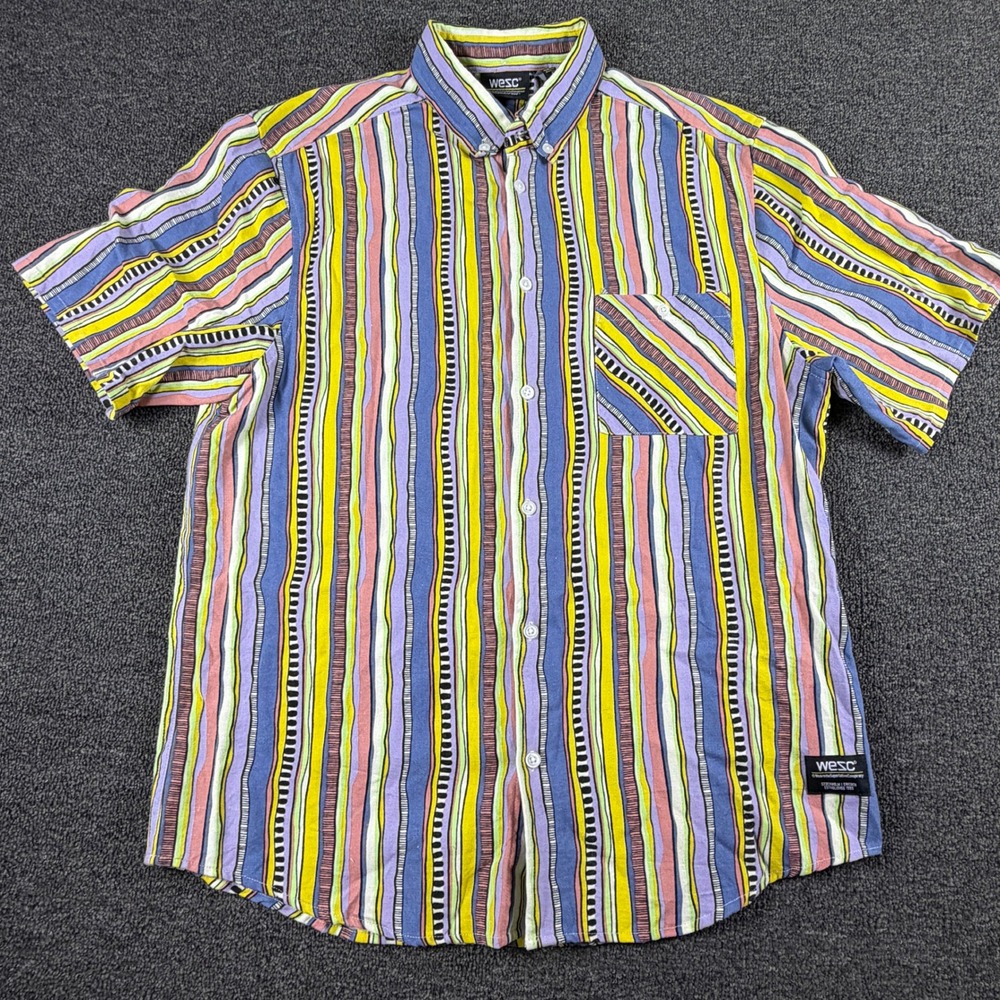 WeSC Shirt Mens M Short Sleeve Multicolor Vertical Stripe Button Down EUC